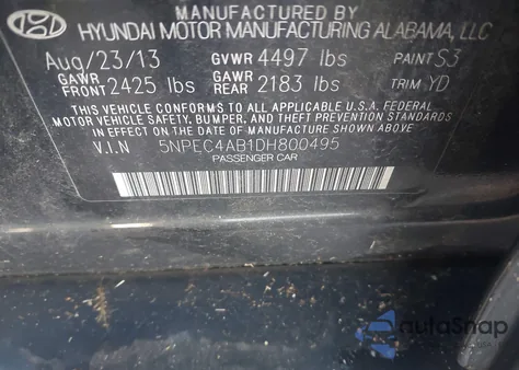 2013 Hyundai Sonata Limited 2.0T из США, поврежденный, VIN 5NPEC4AB1DH800495